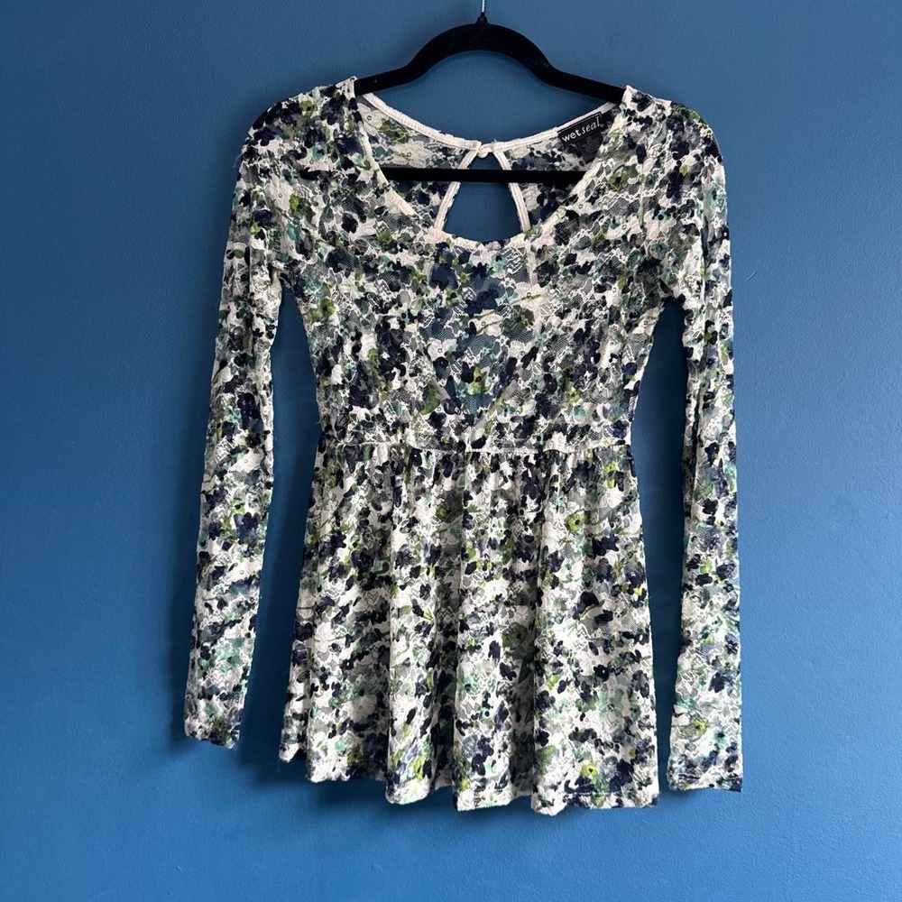 Y2K Lace Babydoll Top Women's Size XS Wet Seal Floral White Purple Green Stretch